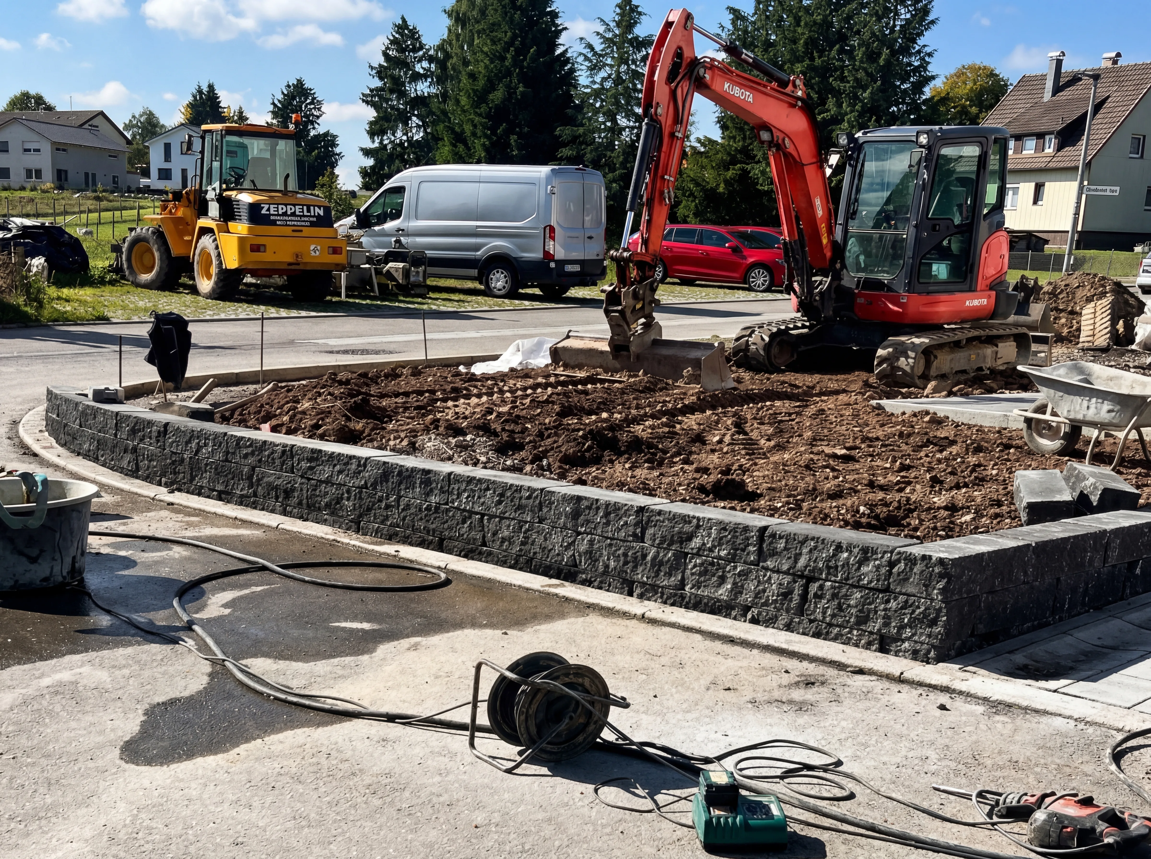 Hangbefestigung mit Natursteinmauer und Gabionen